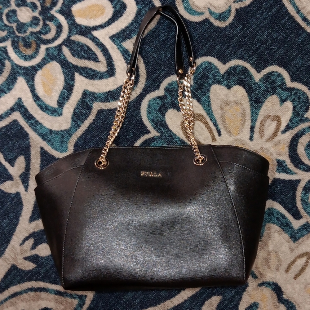 Furla Julia saffiano black leather gold chain strap tote hand bag